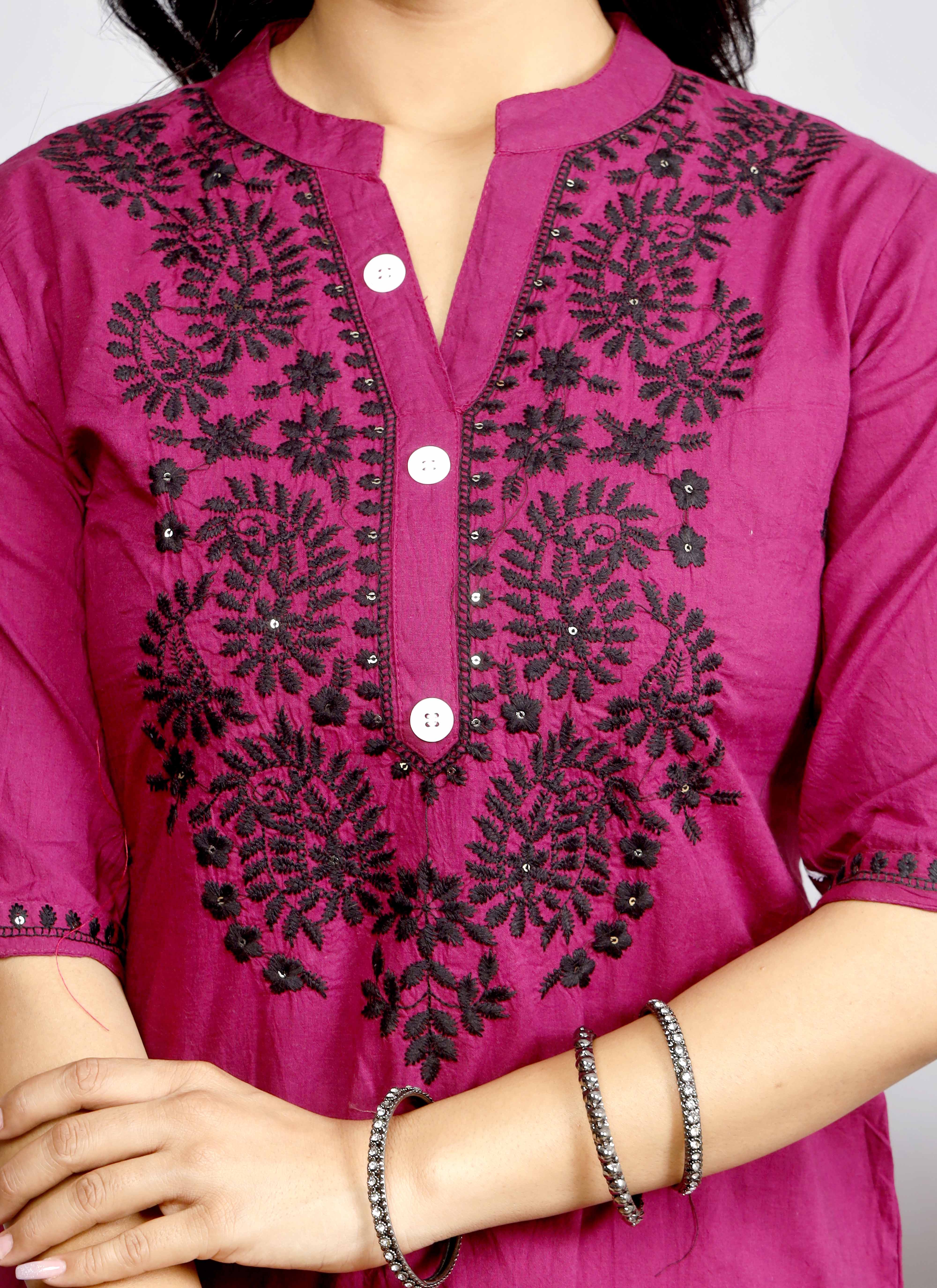 Magenta Cotton Kurta Set with Black Thread Embroidery for Women