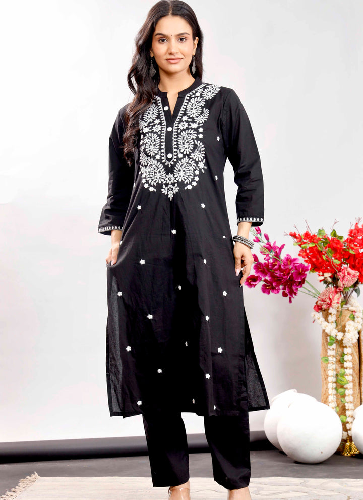 Black Cotton Kurta Set with White Floral Thread Embroidery for Women