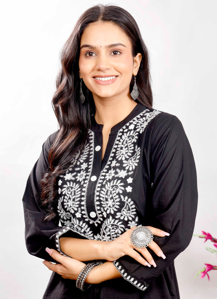 Black Cotton Kurta Set with White Floral Thread Embroidery for Women