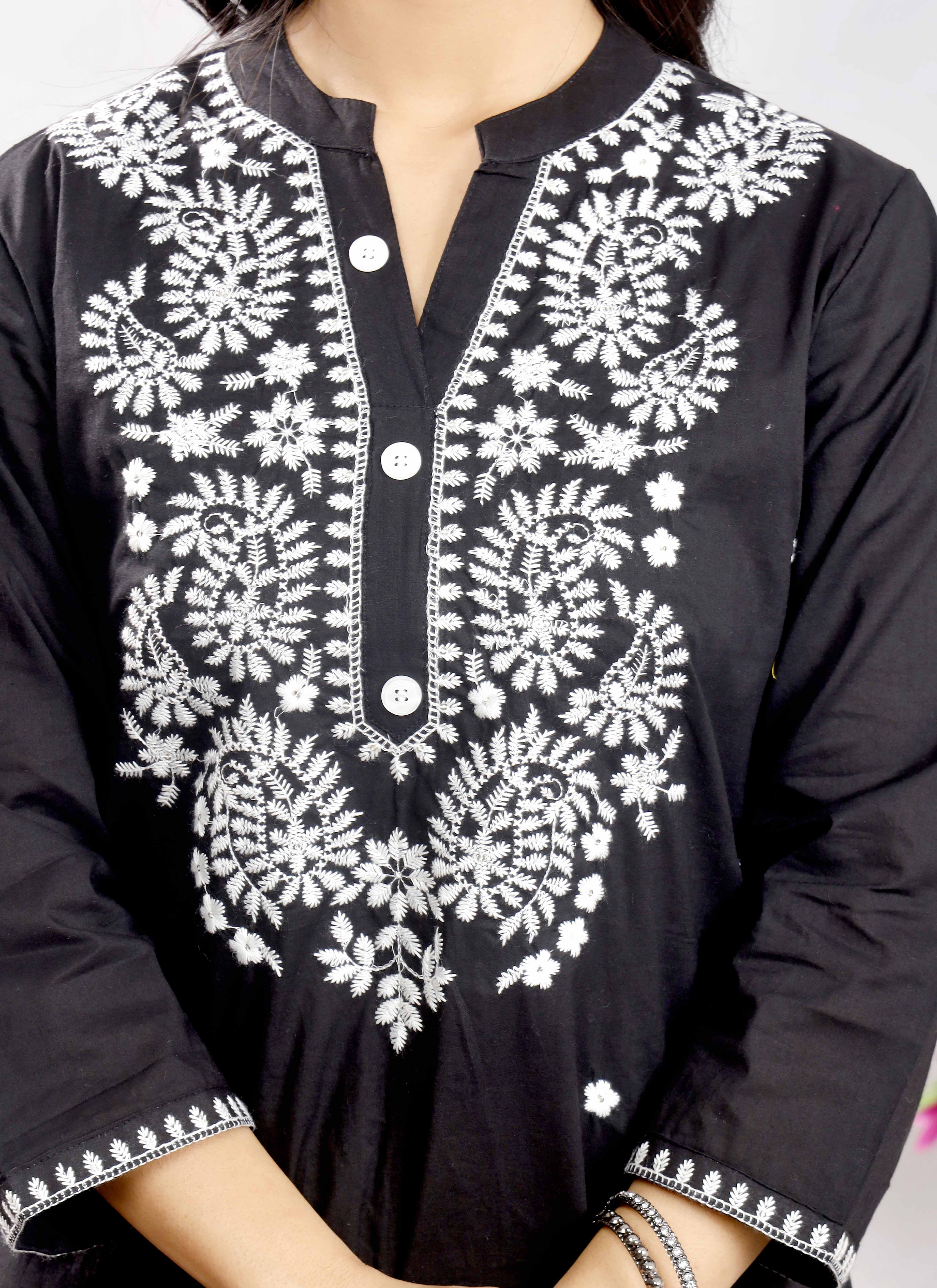 Black Cotton Kurta Set with White Floral Thread Embroidery for Women