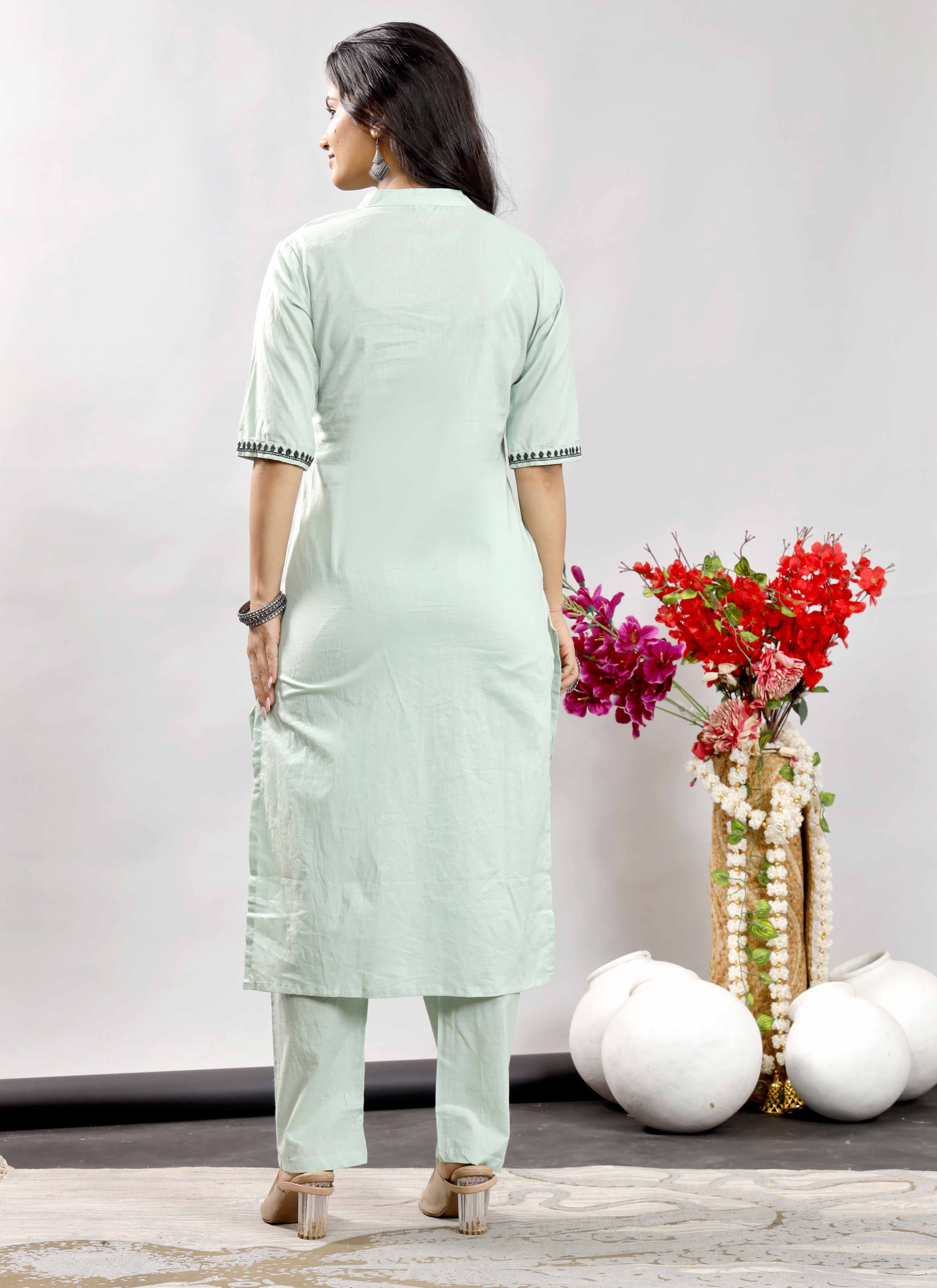 Mint Green Cotton Kurta Set with Black Floral Embroidery for Women