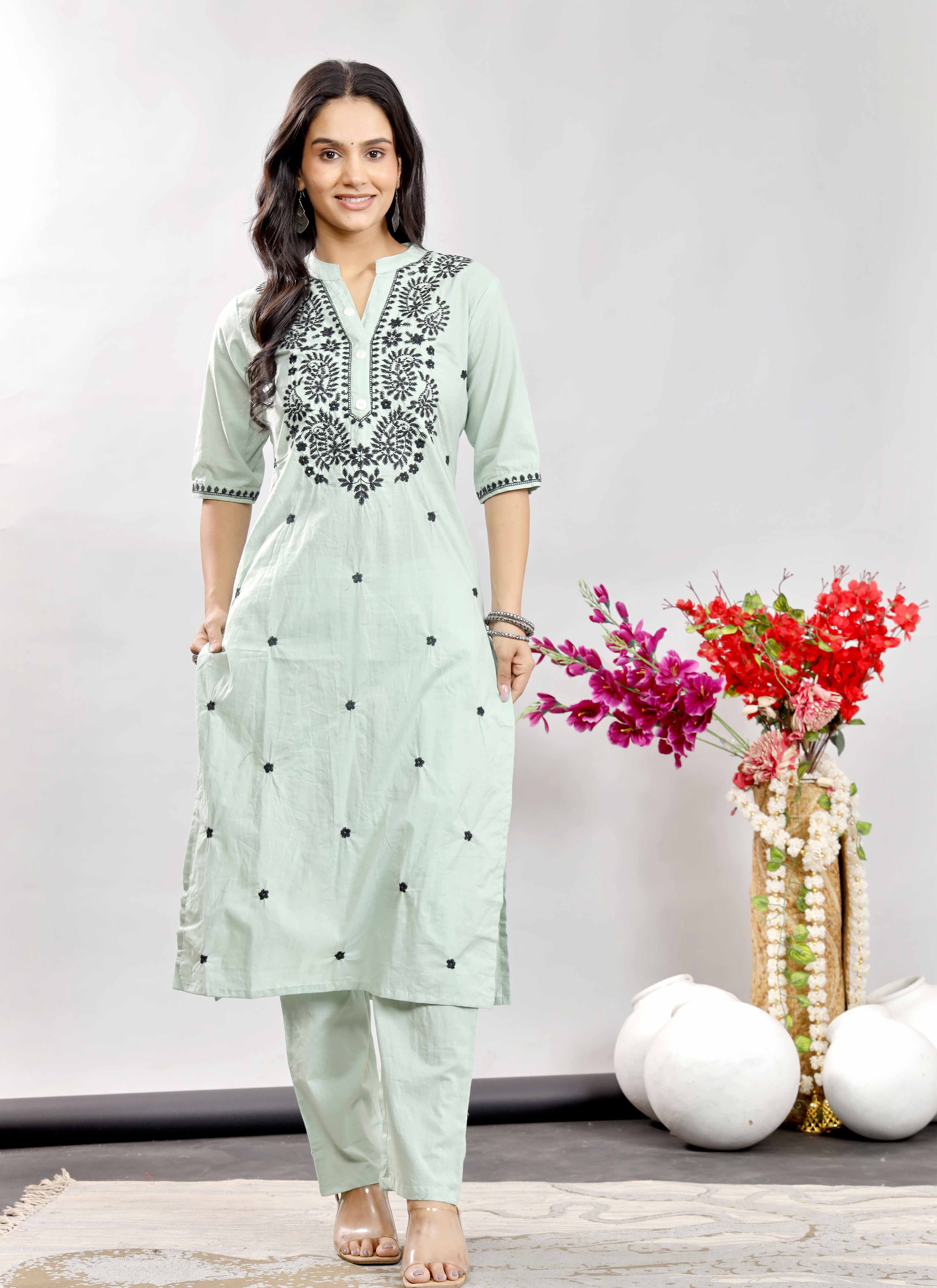 Mint Green Cotton Kurta Set with Black Floral Embroidery for Women