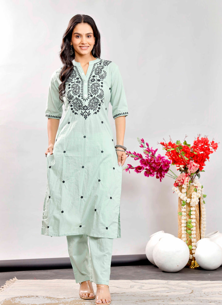 Mint Green Cotton Kurta Set with Black Floral Embroidery for Women