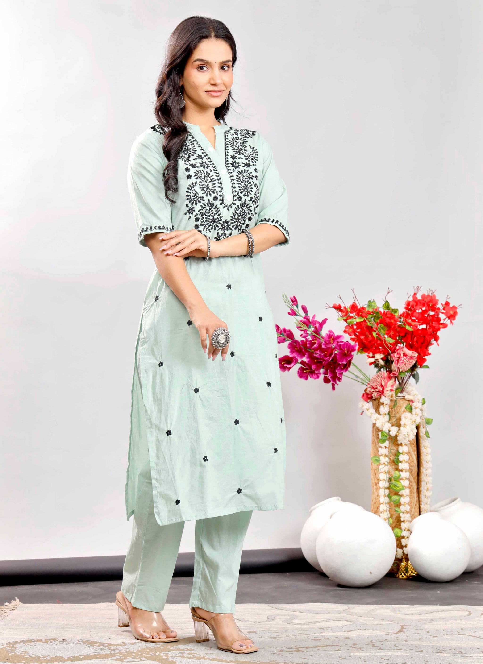 Mint Green Cotton Kurta Set with Black Floral Embroidery for Women