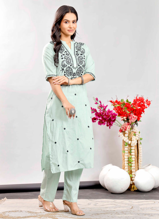 Mint Green Cotton Kurta Set with Black Floral Embroidery for Women