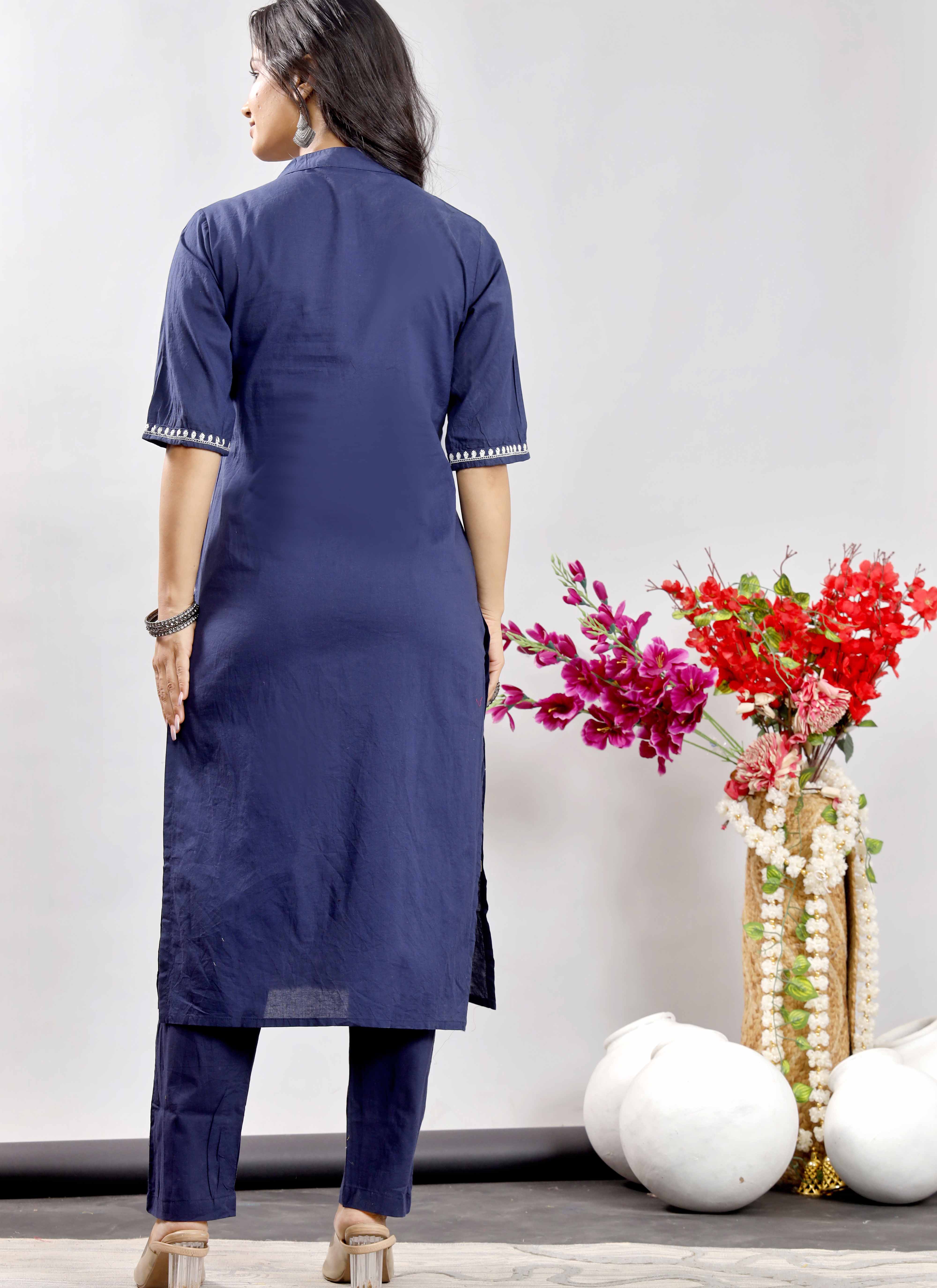 Navy Blue Cotton Kurta Set with White Floral Embroidery for Women
