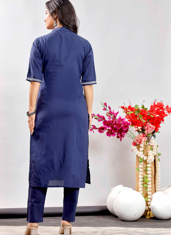 Navy Blue Cotton Kurta Set with White Floral Embroidery for Women