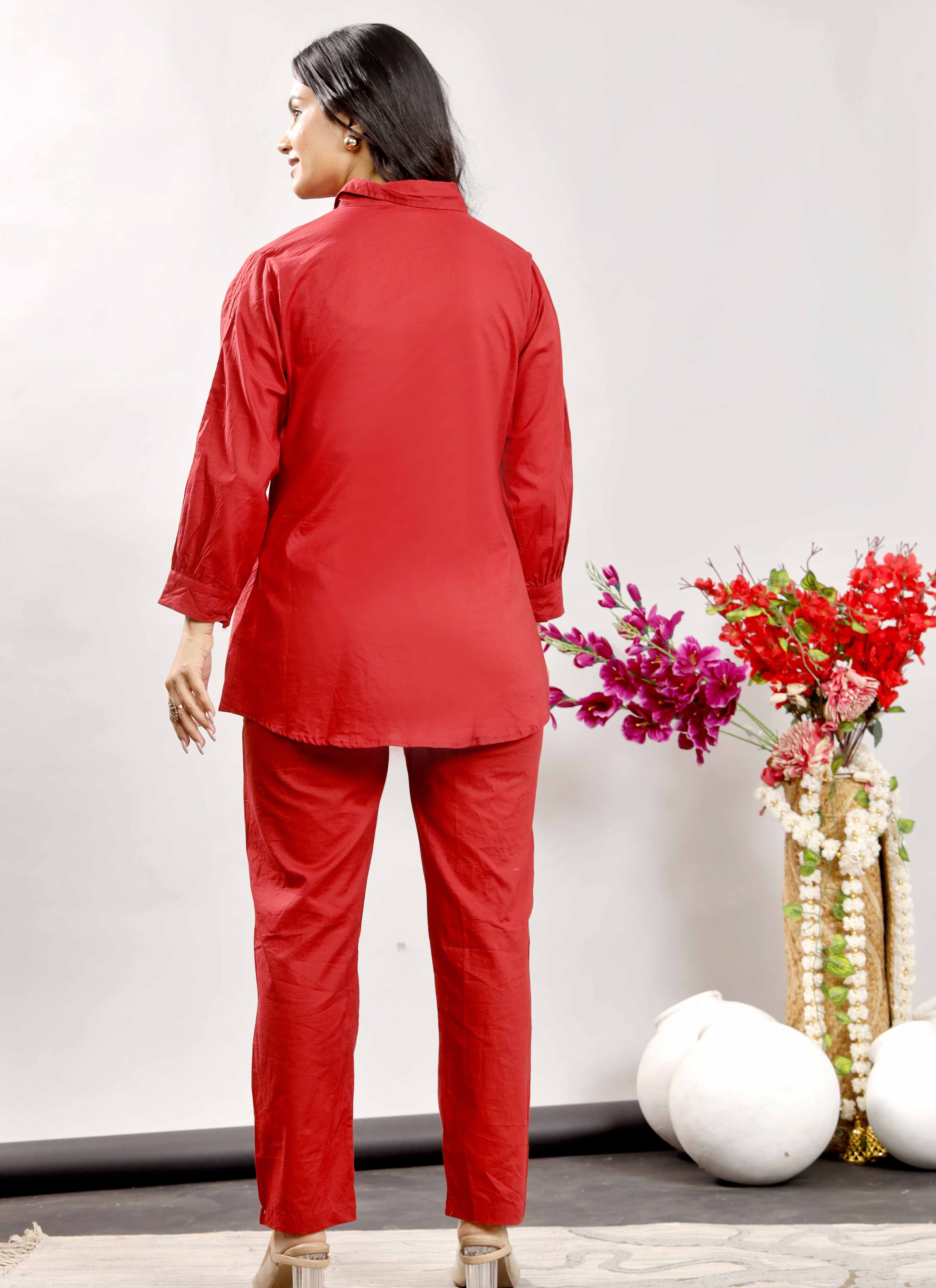Red Co-ord Set with White Floral Embroidery – Cotton Casual Shirt & Pant Set for Women