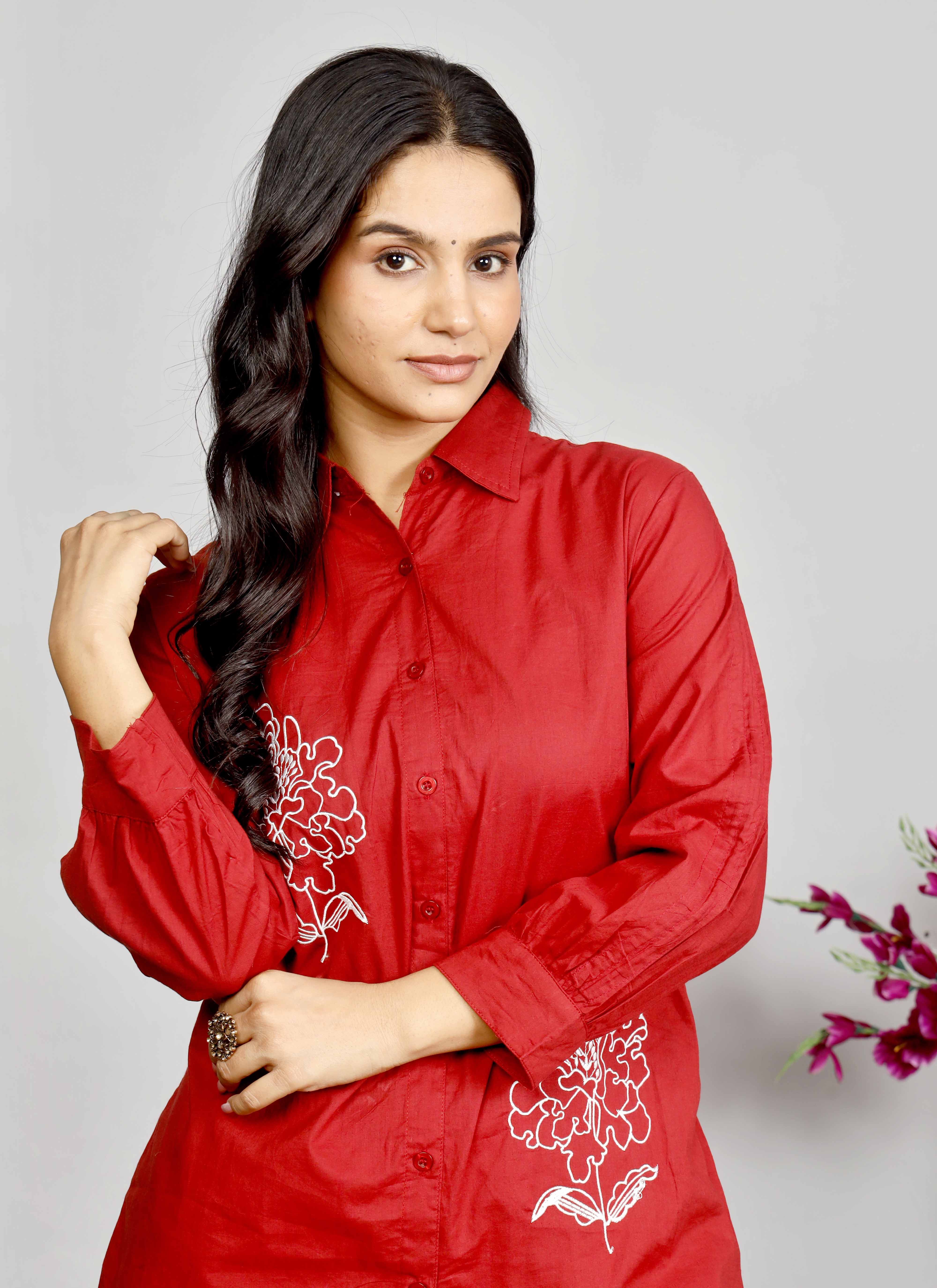 Red Co-ord Set with White Floral Embroidery – Cotton Casual Shirt & Pant Set for Women