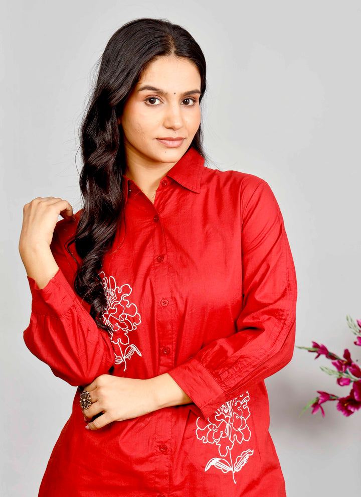 Red Co-ord Set with White Floral Embroidery – Cotton Casual Shirt & Pant Set for Women
