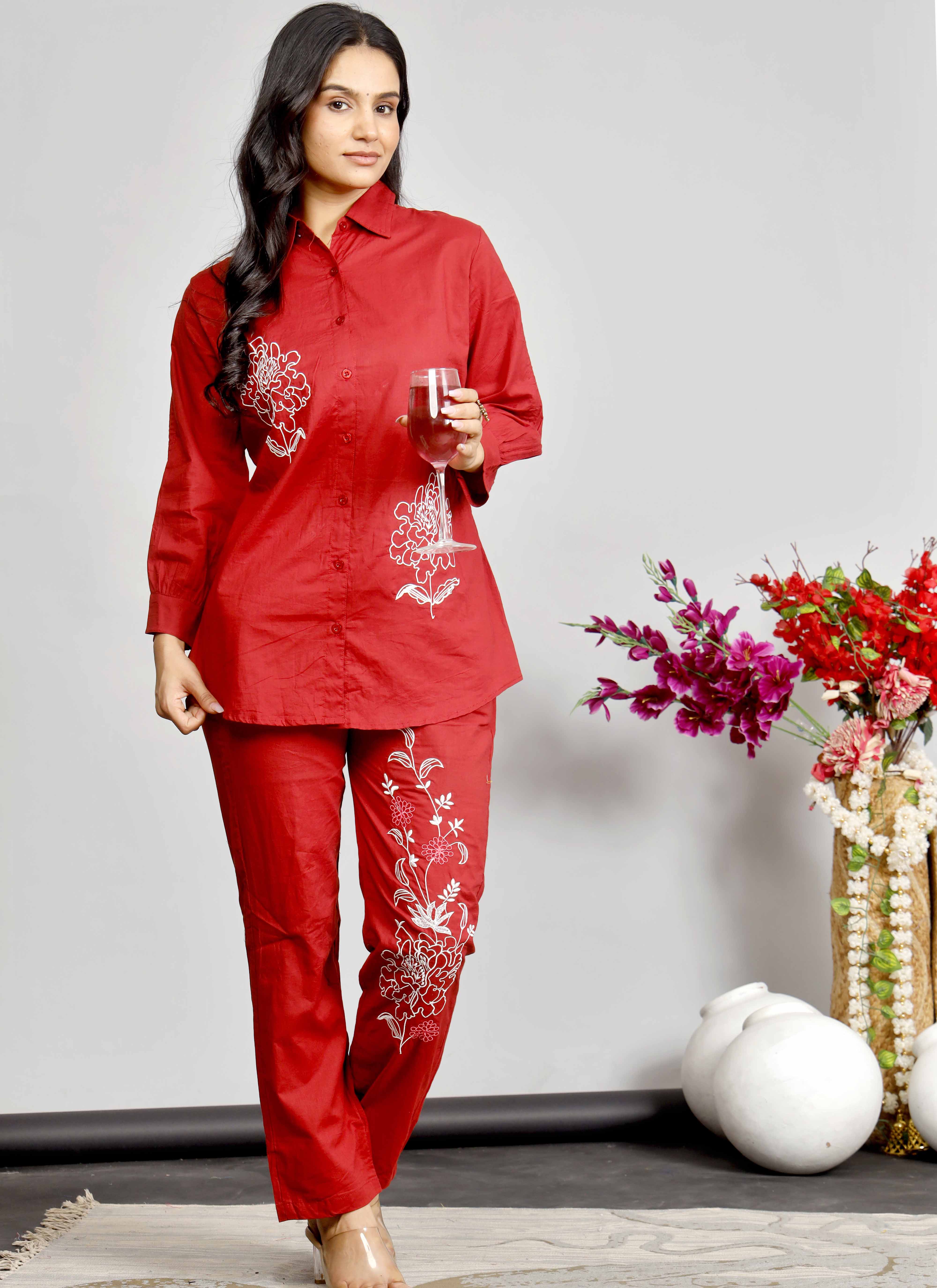 Red Co-ord Set with White Floral Embroidery – Cotton Casual Shirt & Pant Set for Women