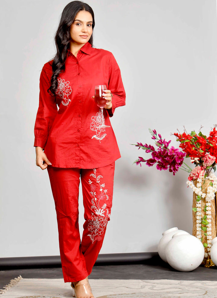 Red Co-ord Set with White Floral Embroidery – Cotton Casual Shirt & Pant Set for Women
