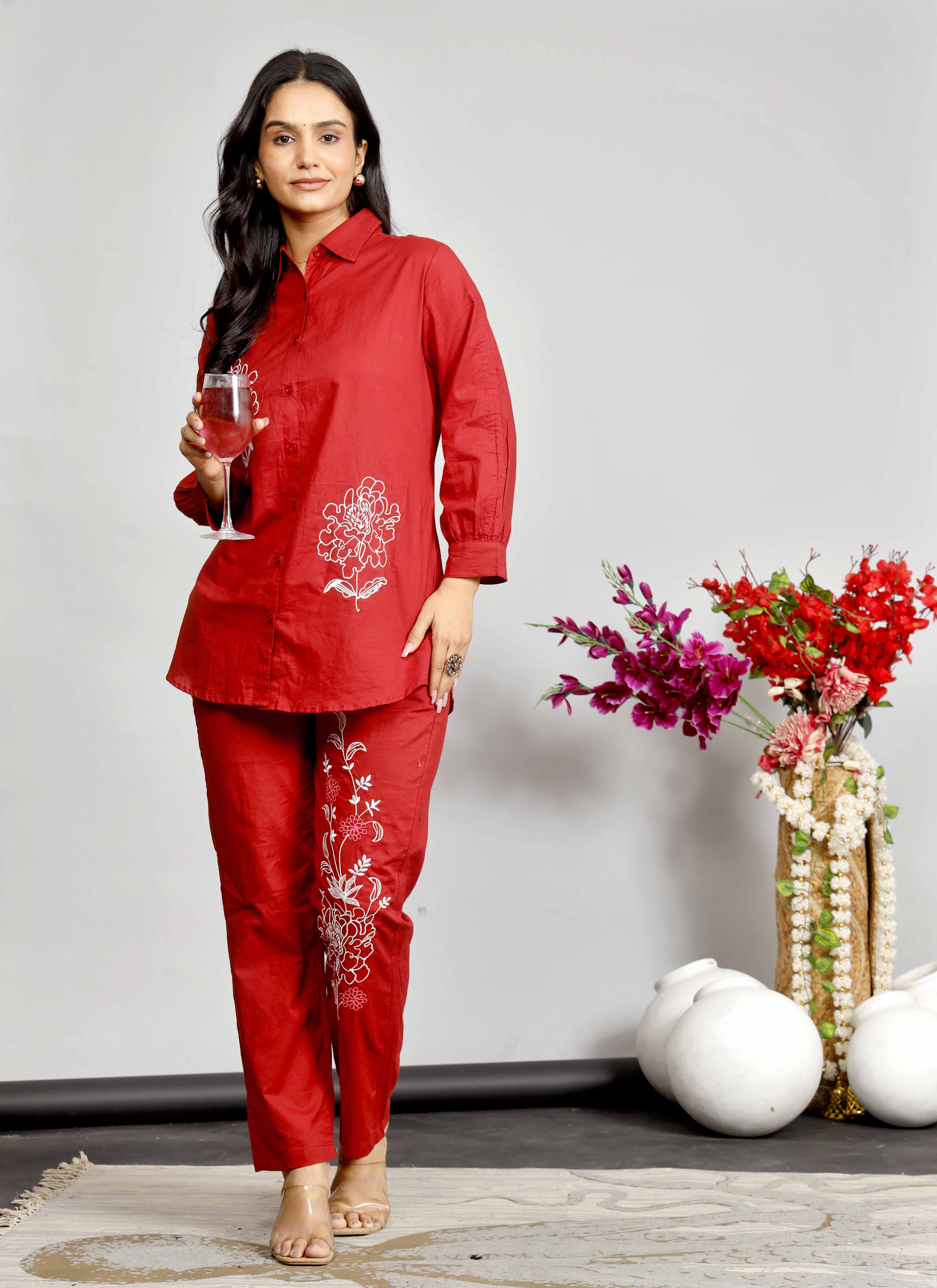 Red Co-ord Set with White Floral Embroidery – Cotton Casual Shirt & Pant Set for Women
