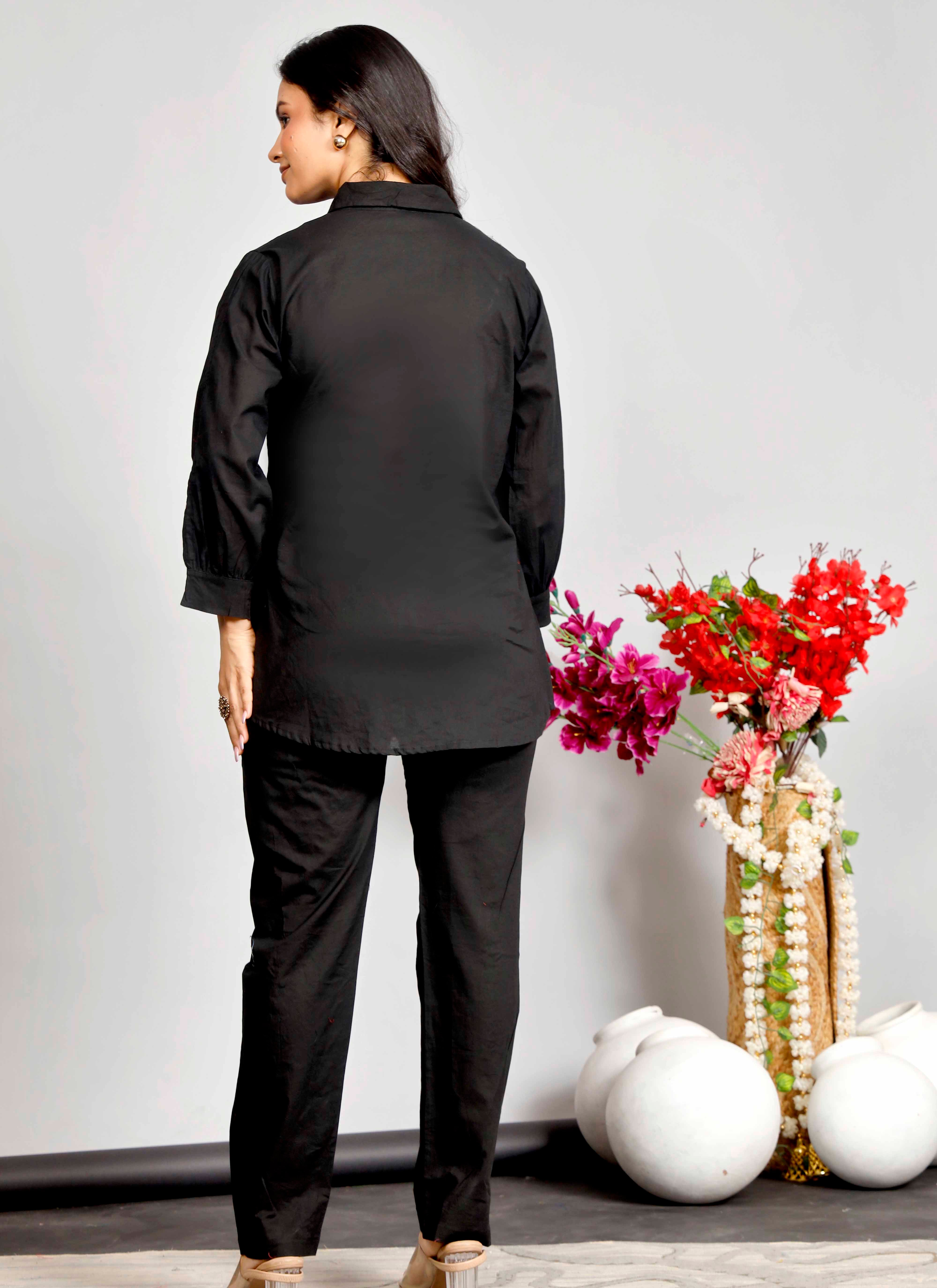Black Co-ord Set with White & Red Floral Embroidery – Cotton Shirt and Pant Set for Women