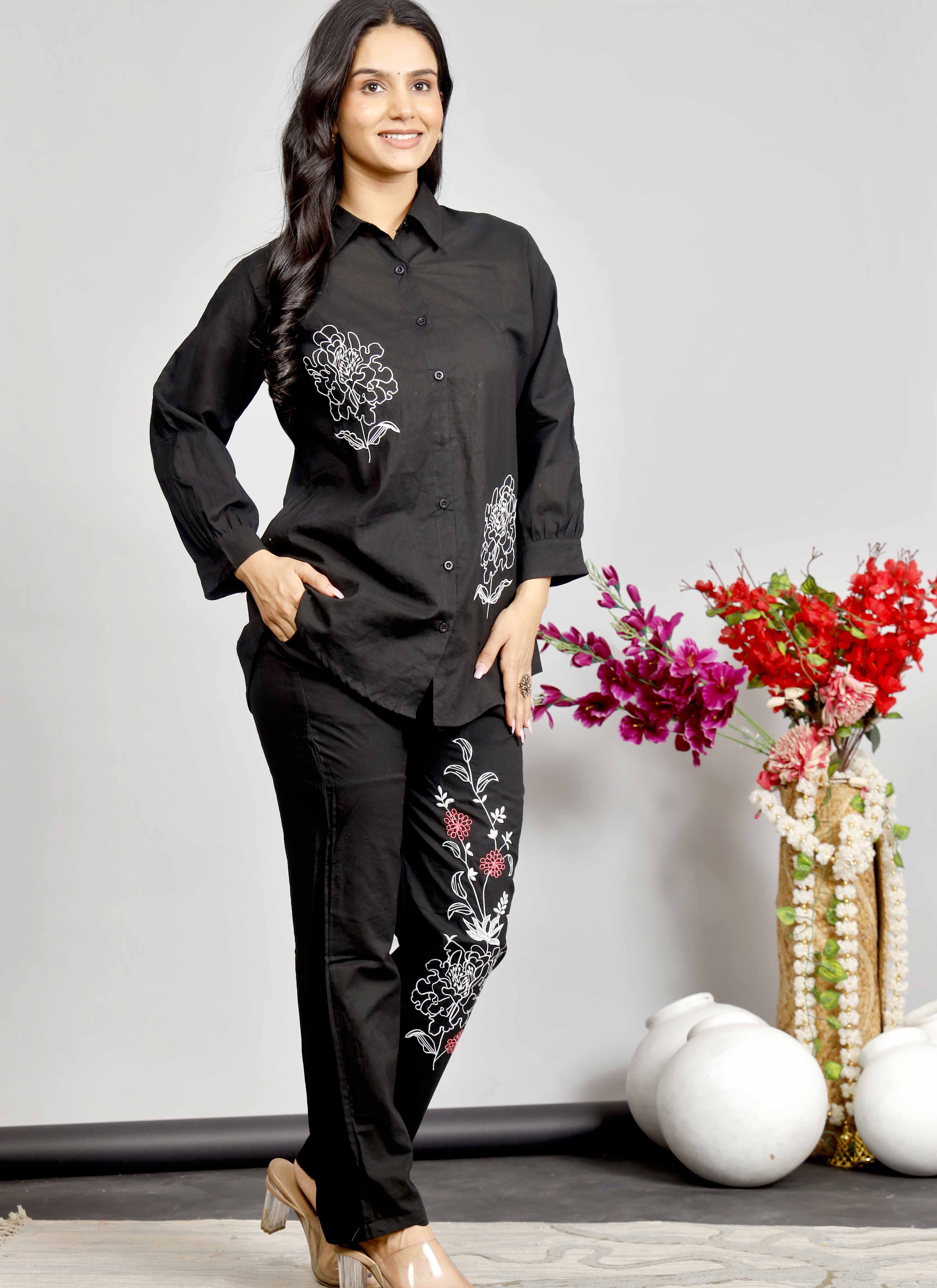 Black Co-ord Set with White & Red Floral Embroidery – Cotton Shirt and Pant Set for Women