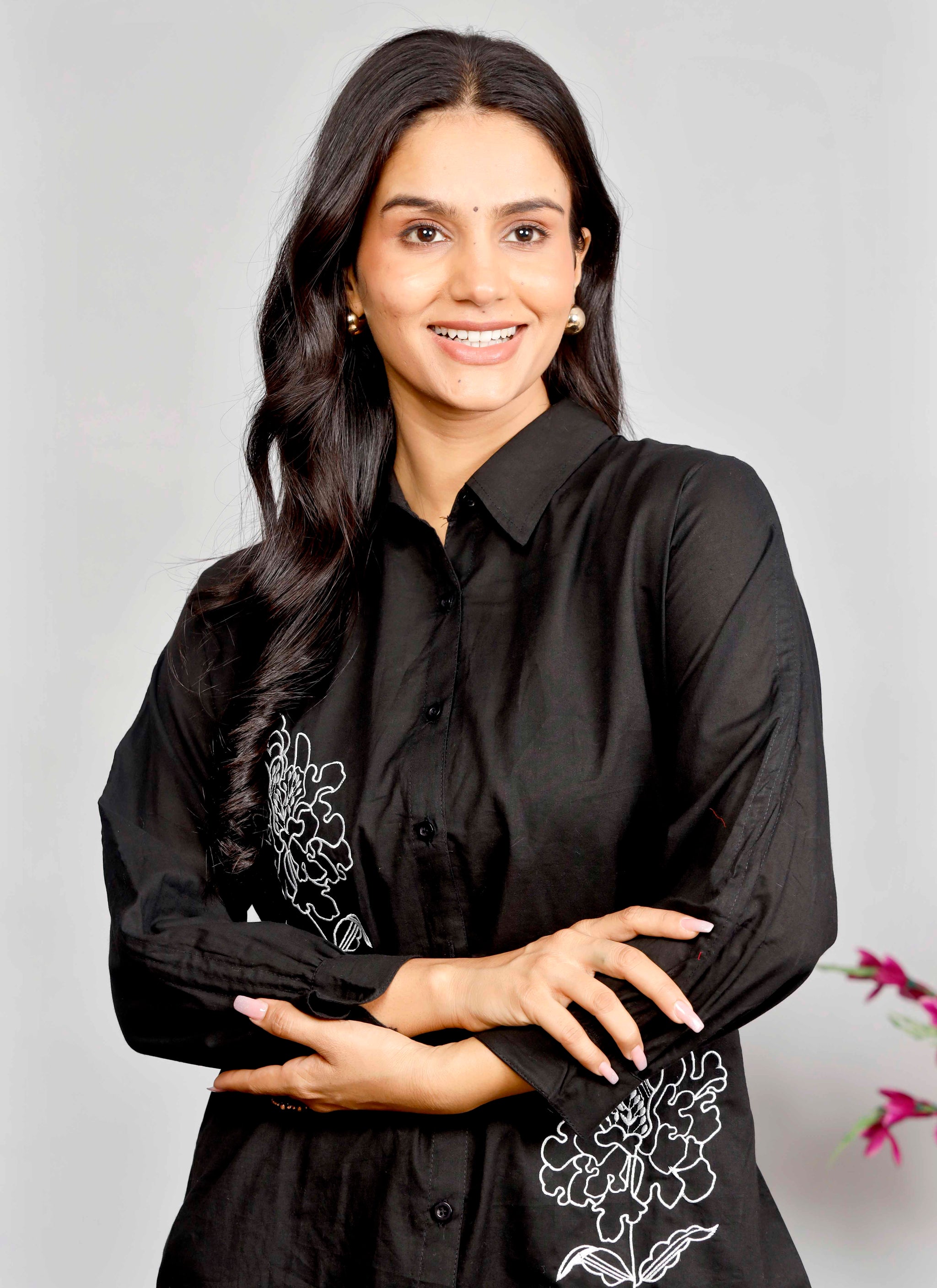 Black Co-ord Set with White & Red Floral Embroidery – Cotton Shirt and Pant Set for Women