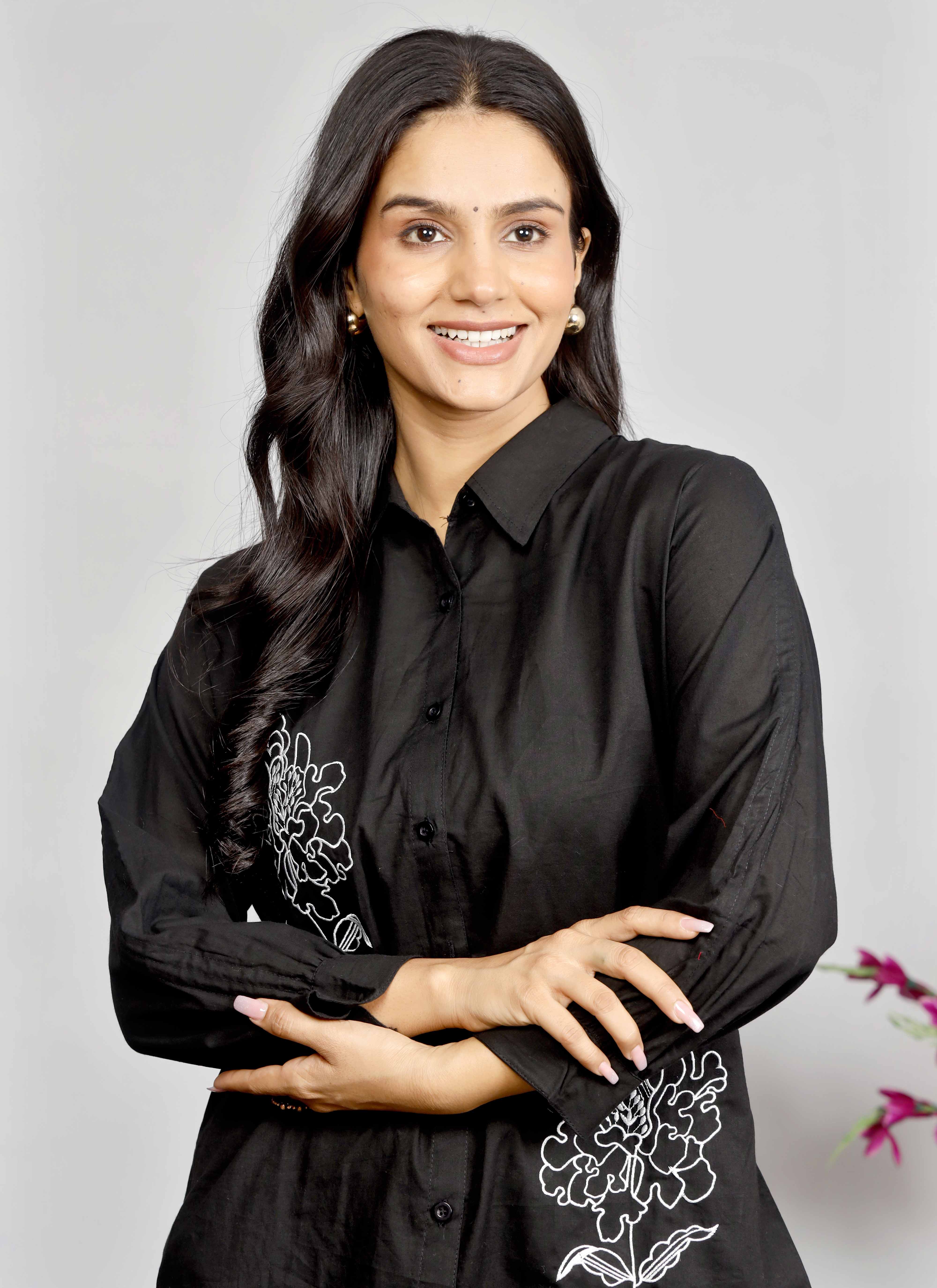 Black Co-ord Set with White & Red Floral Embroidery – Cotton Shirt and Pant Set for Women