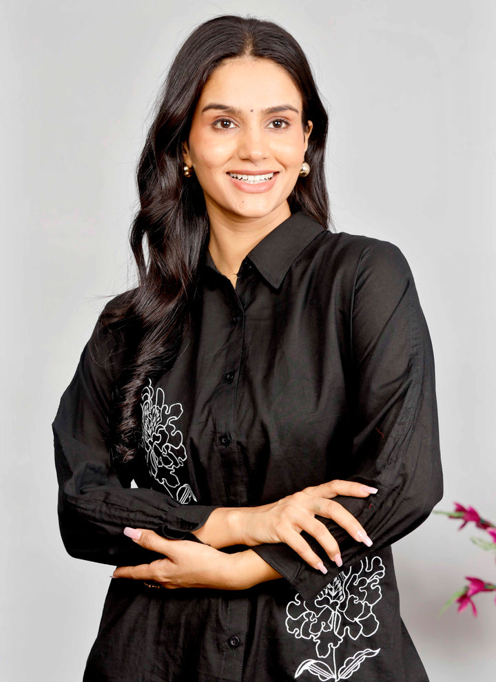 Black Co-ord Set with White & Red Floral Embroidery – Cotton Shirt and Pant Set for Women