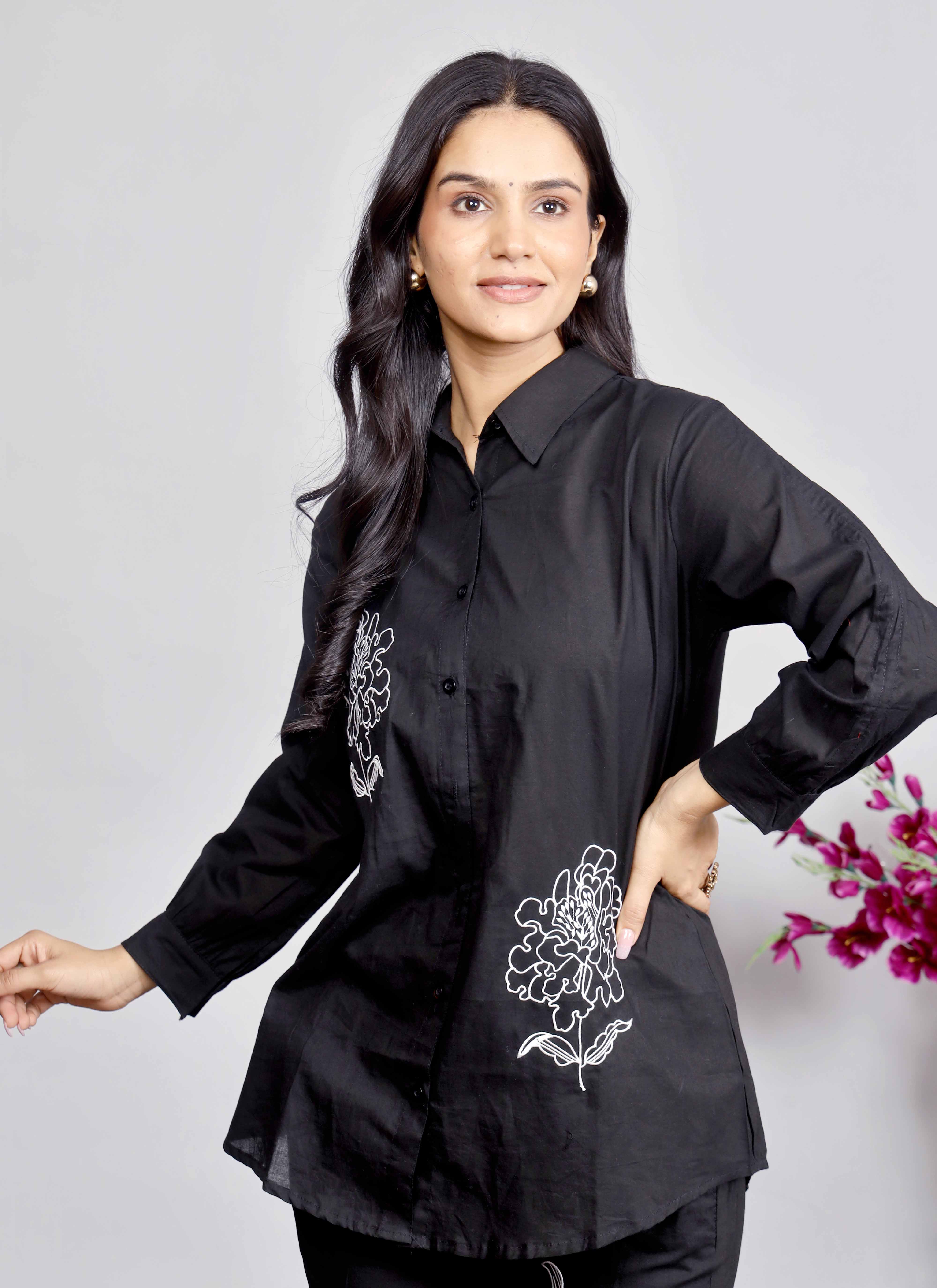 Black Co-ord Set with White & Red Floral Embroidery – Cotton Shirt and Pant Set for Women