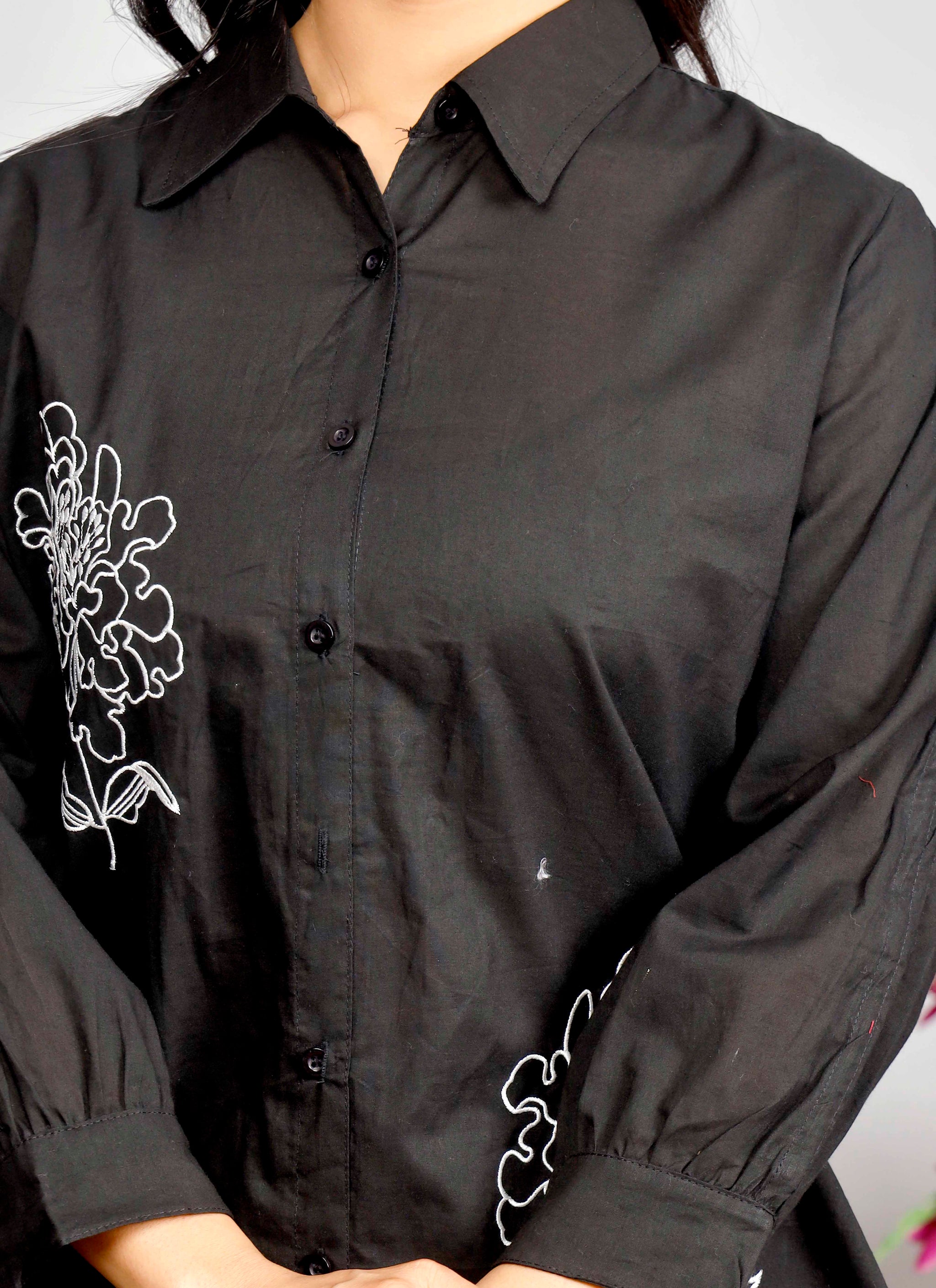 Black Co-ord Set with White & Red Floral Embroidery – Cotton Shirt and Pant Set for Women