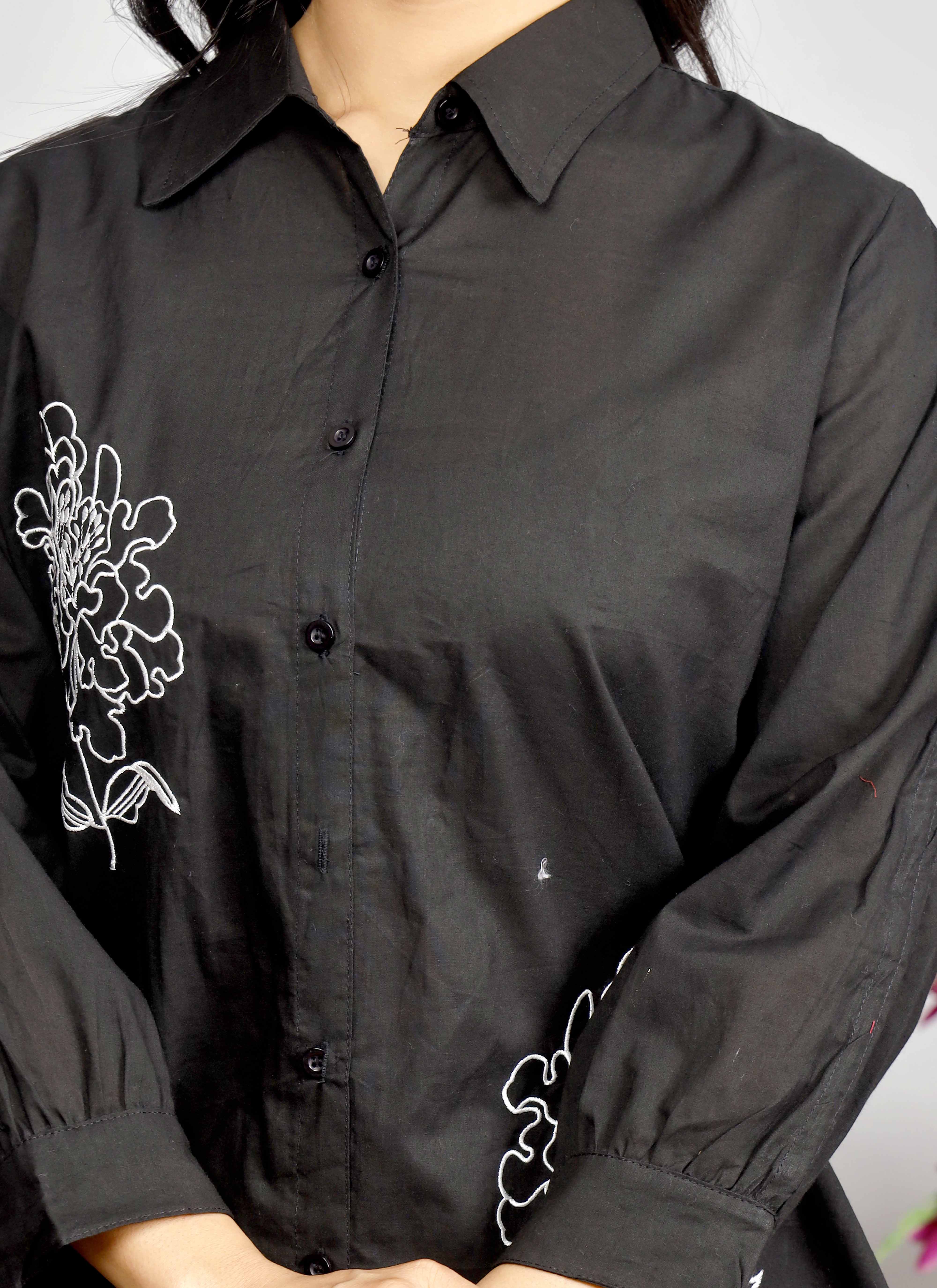 Black Co-ord Set with White & Red Floral Embroidery – Cotton Shirt and Pant Set for Women
