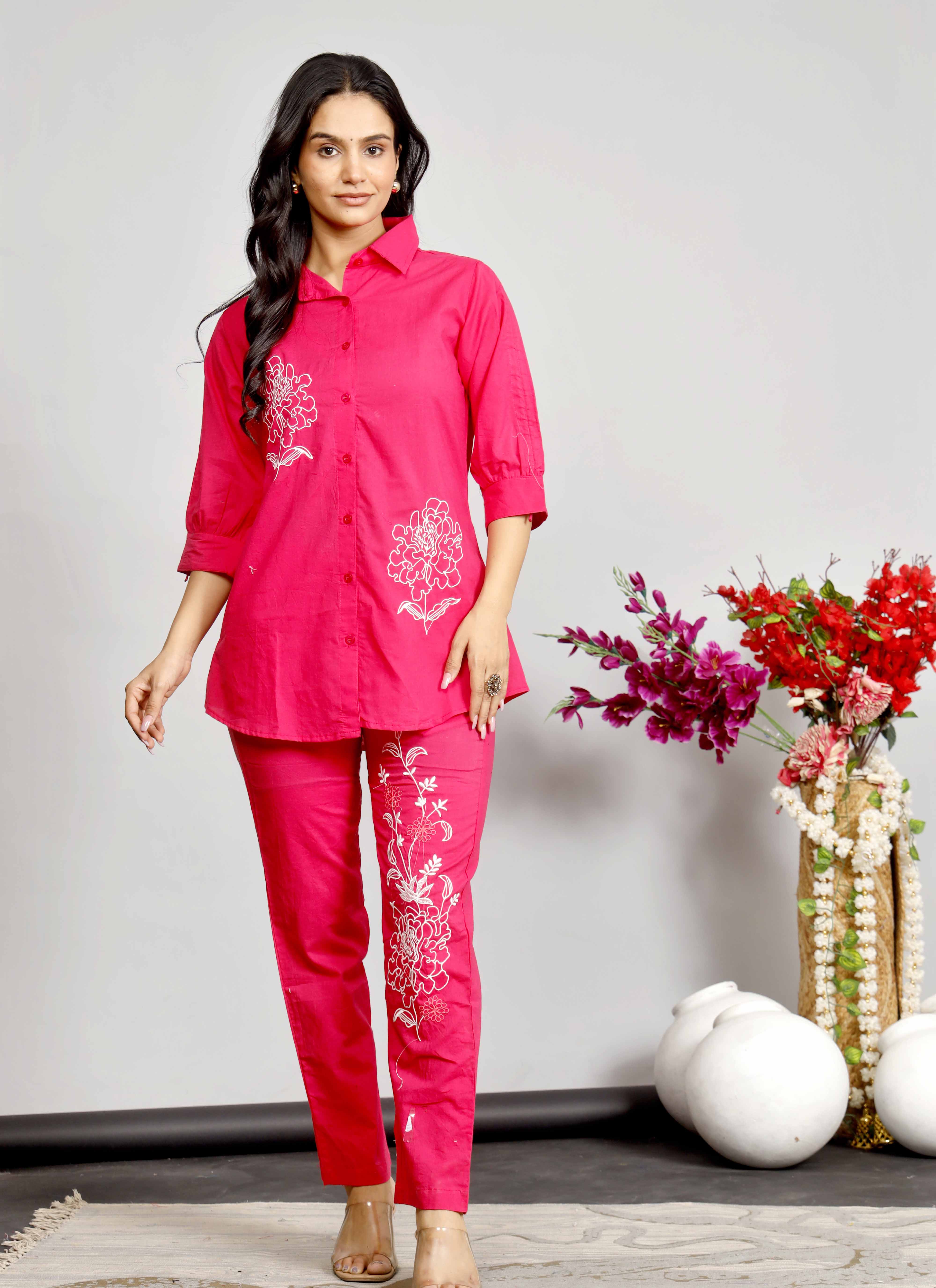 Pink Embroidered Co-ord Set – Cotton Shirt & Pant Set with White Floral Design