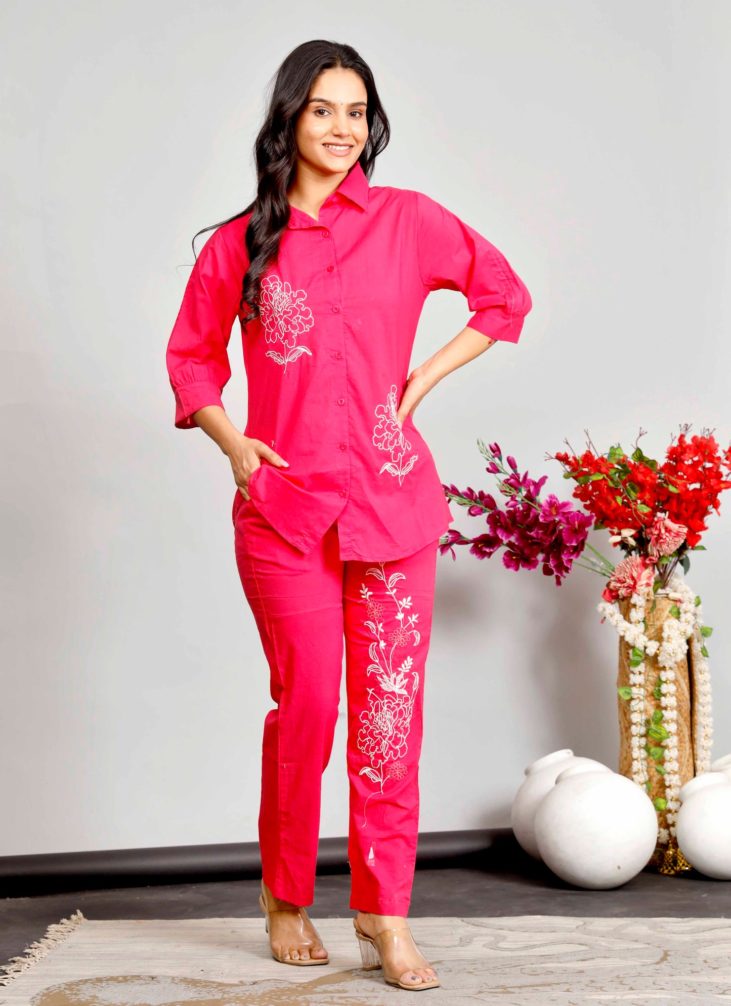 Pink Embroidered Co-ord Set – Cotton Shirt & Pant Set with White Floral Design