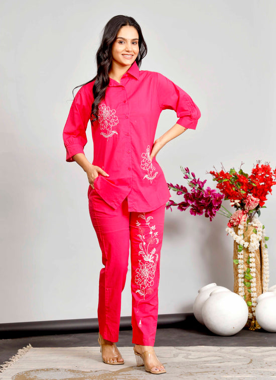Pink Embroidered Co-ord Set – Cotton Shirt & Pant Set with White Floral Design