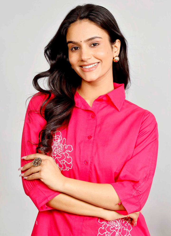Pink Embroidered Co-ord Set – Cotton Shirt & Pant Set with White Floral Design