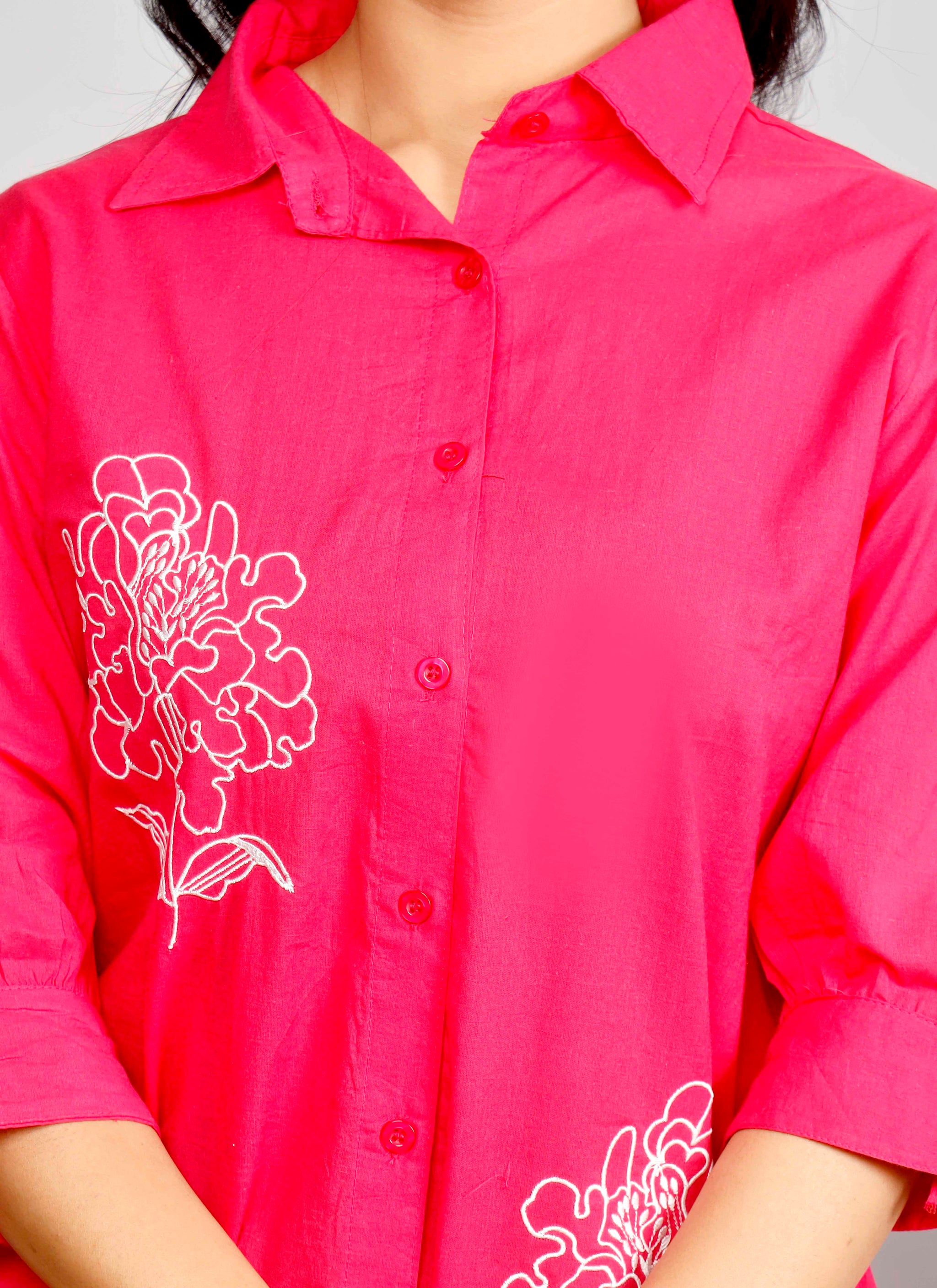 Pink Embroidered Co-ord Set – Cotton Shirt & Pant Set with White Floral Design