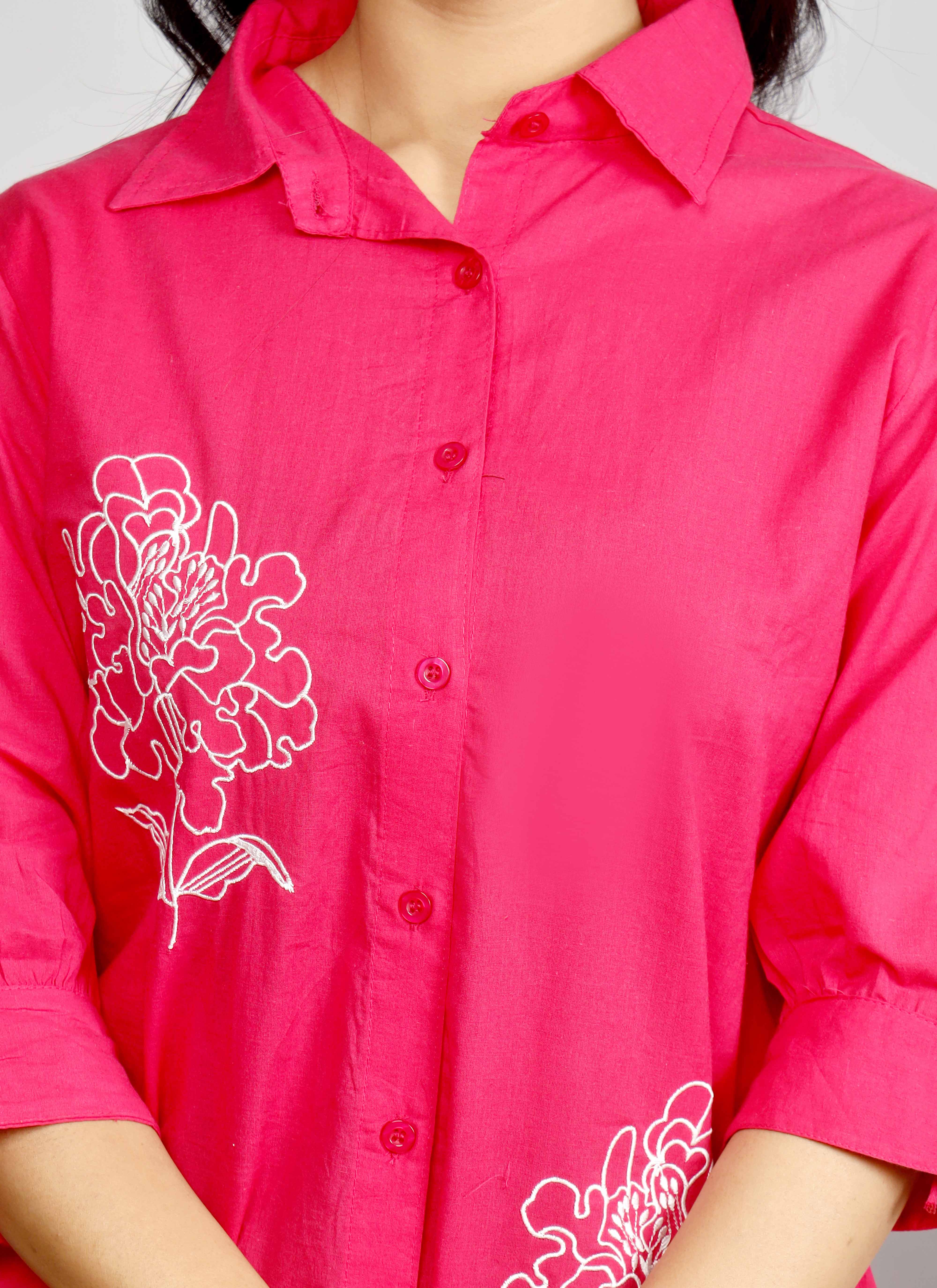 Pink Embroidered Co-ord Set – Cotton Shirt & Pant Set with White Floral Design
