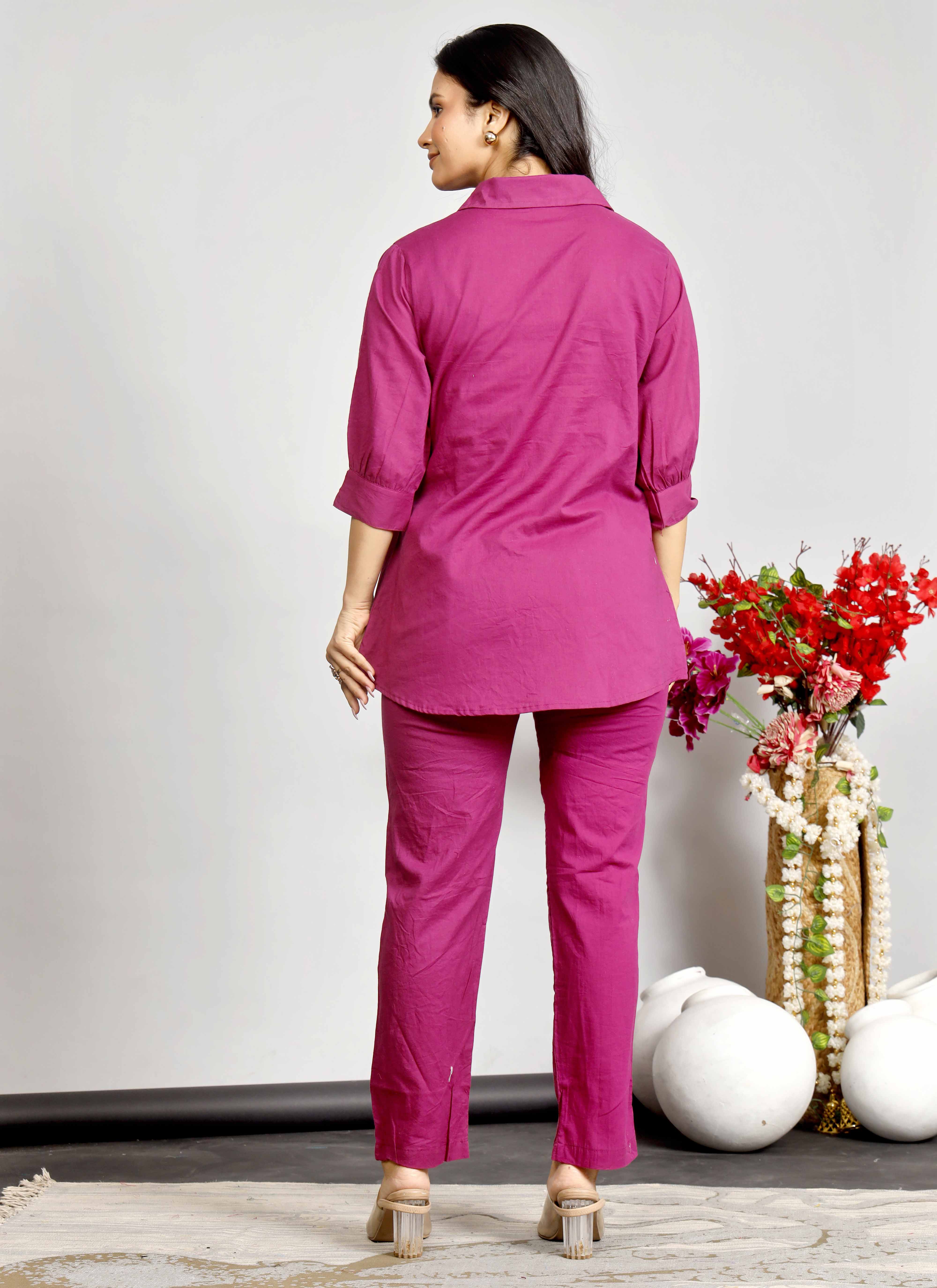 Magenta Cotton Co-ord Set with White and Red Floral Embroidery – Stylish Shirt & Pant Combo