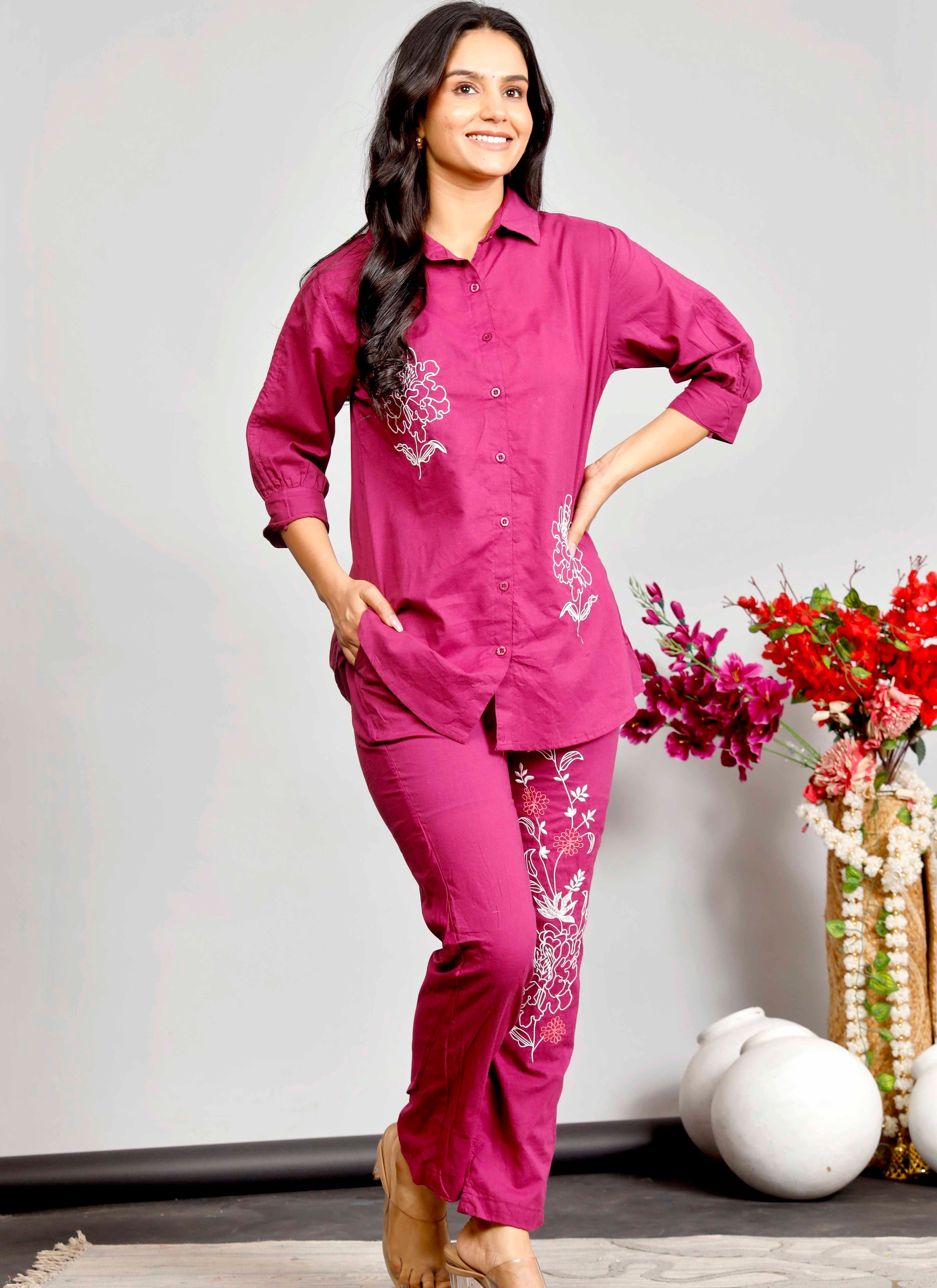 Magenta Cotton Co-ord Set with White and Red Floral Embroidery – Stylish Shirt & Pant Combo