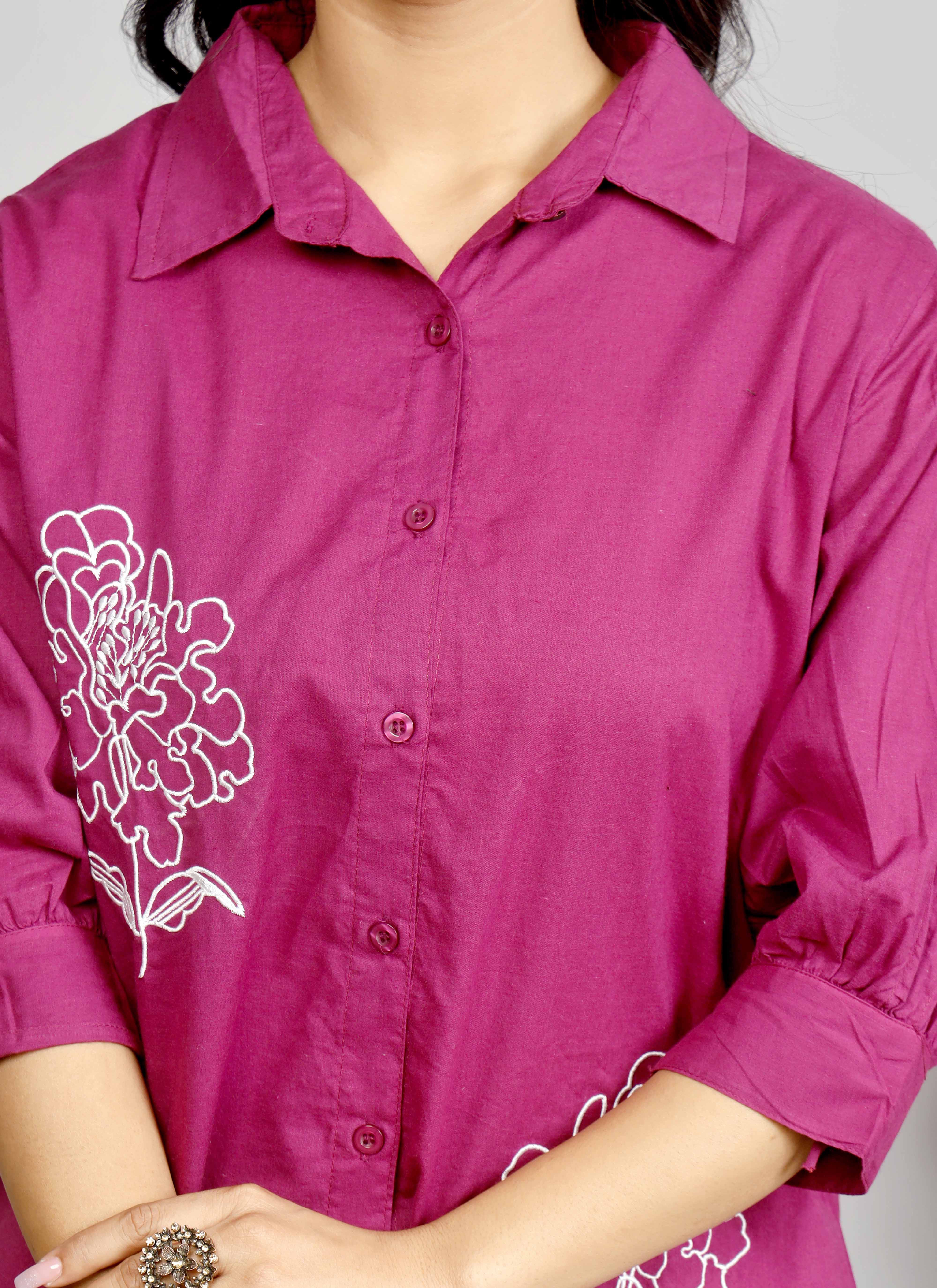 Magenta Cotton Co-ord Set with White and Red Floral Embroidery – Stylish Shirt & Pant Combo