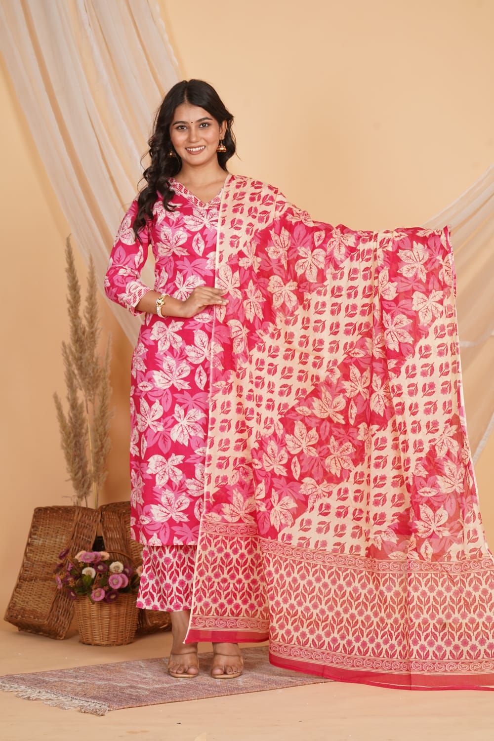 PINK PRINTED EMBROIDERED 3 PC