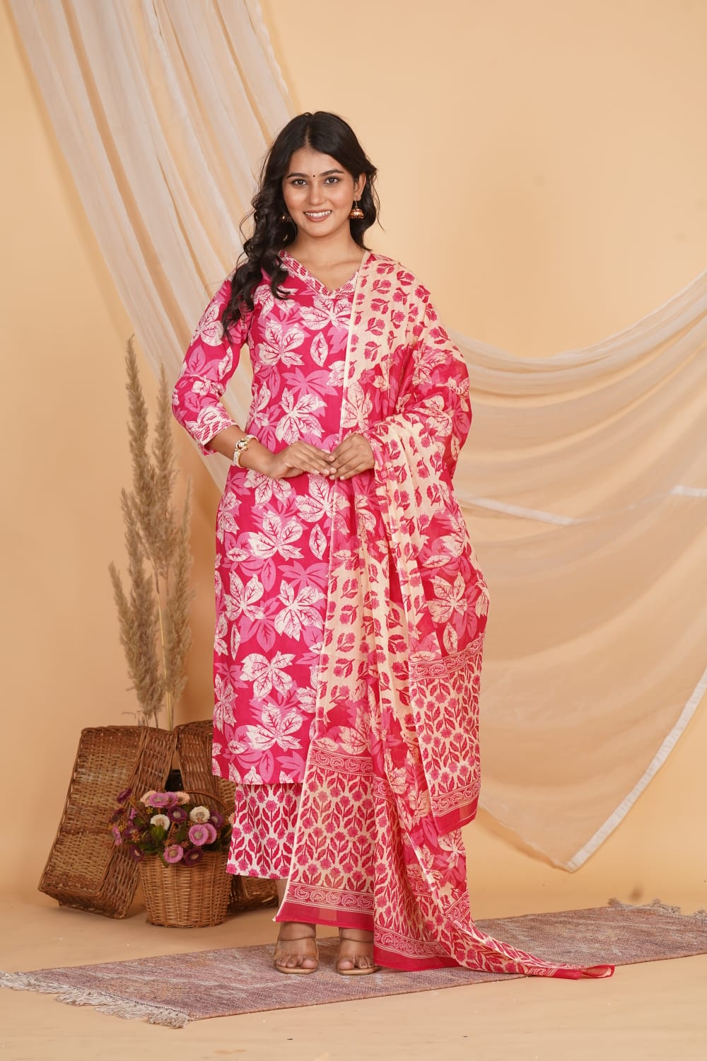 PINK PRINTED EMBROIDERED 3 PC