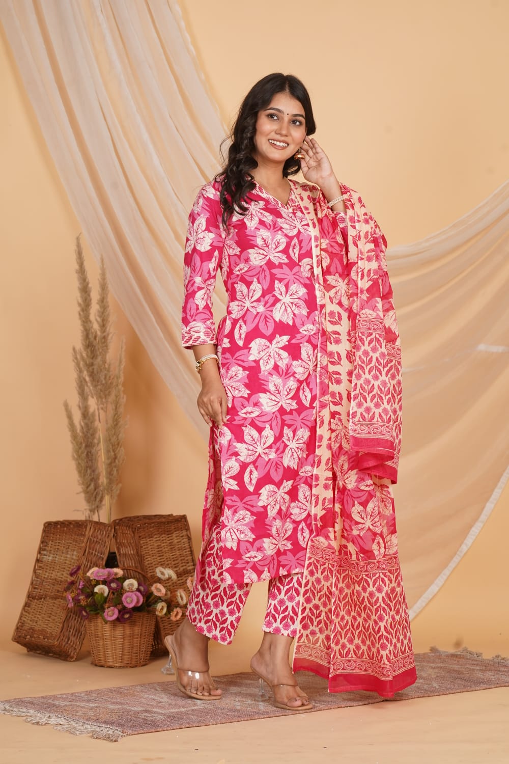 PINK PRINTED EMBROIDERED 3 PC