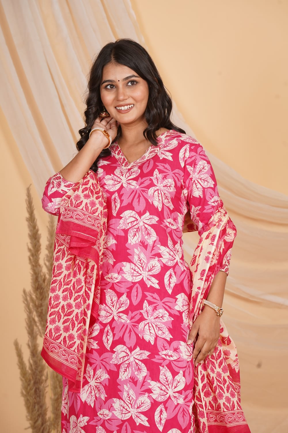 PINK PRINTED EMBROIDERED 3 PC