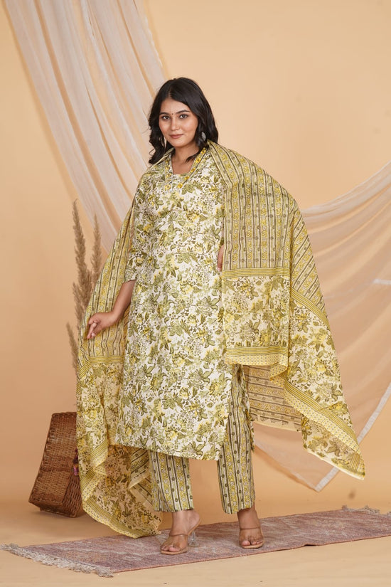 YELLOW AND GREEN PRINTED EMBROIDERED 3 PC