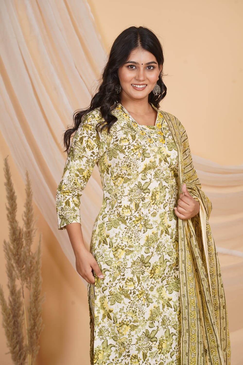 YELLOW AND GREEN PRINTED EMBROIDERED 3 PC