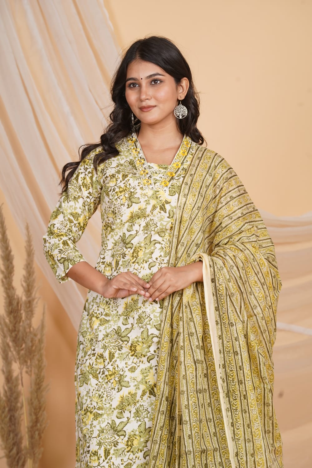YELLOW AND GREEN PRINTED EMBROIDERED 3 PC