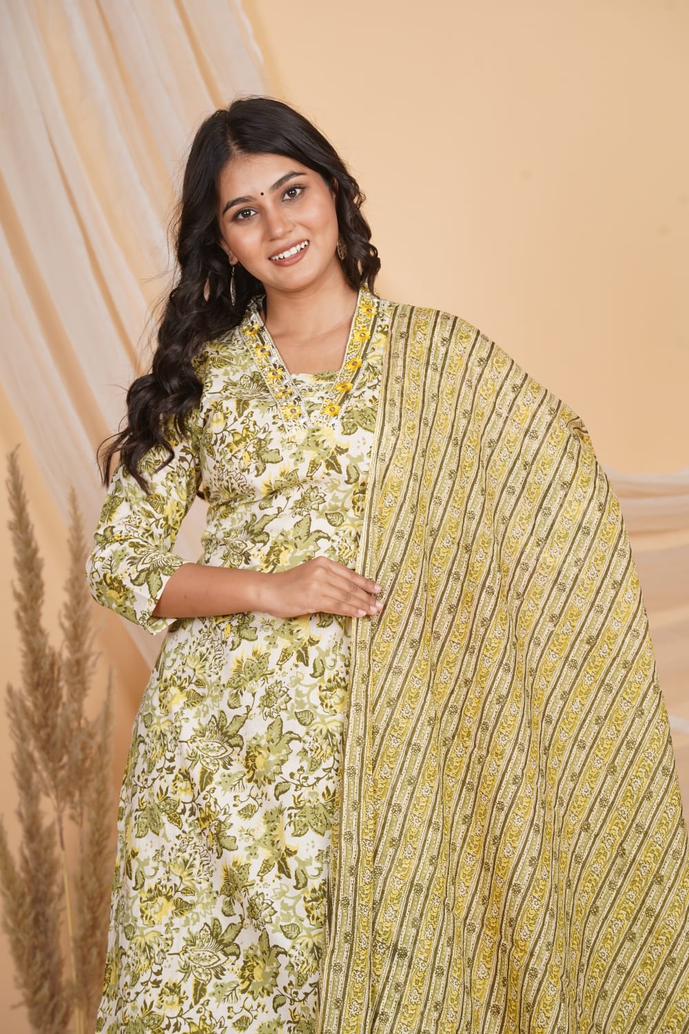 YELLOW AND GREEN PRINTED EMBROIDERED 3 PC