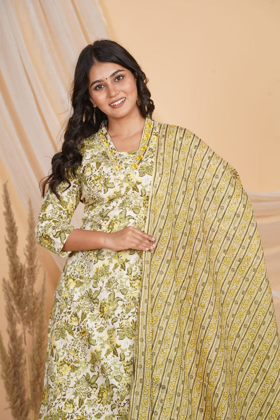 YELLOW AND GREEN PRINTED EMBROIDERED 3 PC