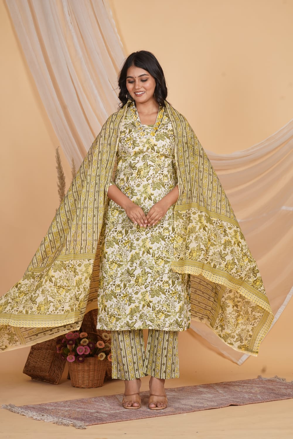 YELLOW AND GREEN PRINTED EMBROIDERED 3 PC