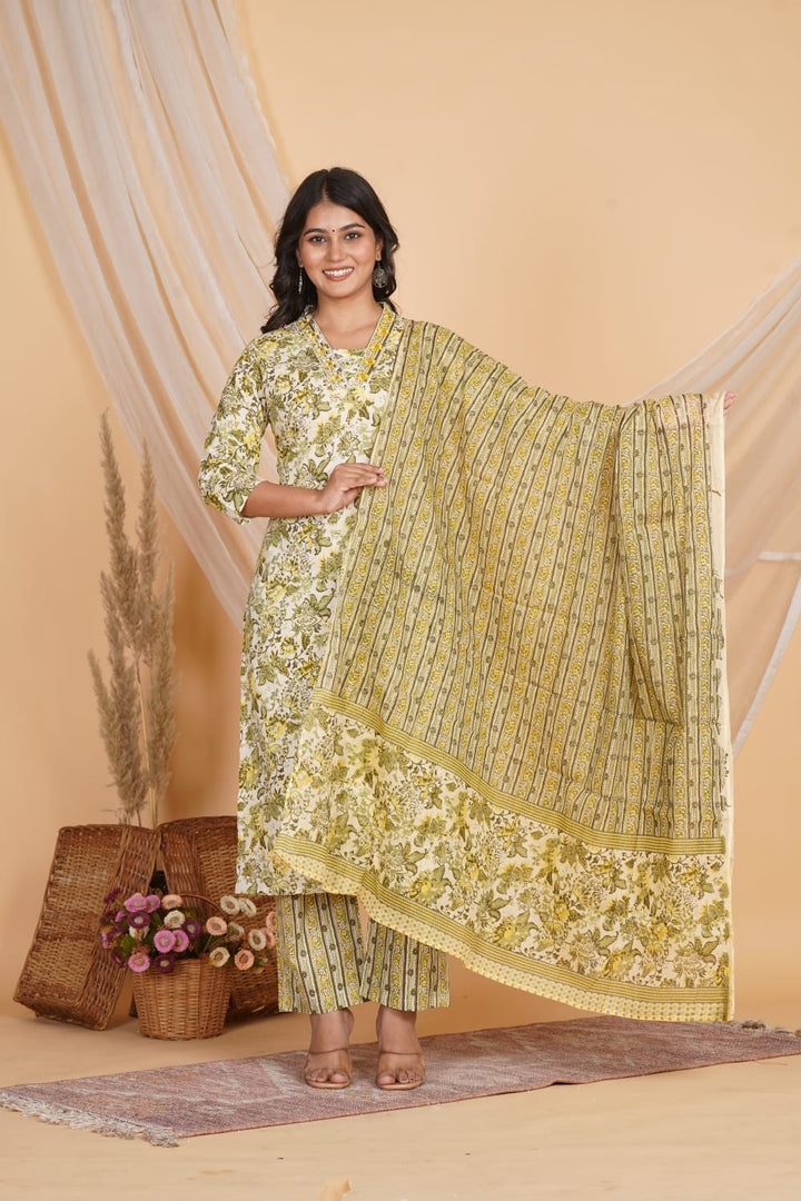 YELLOW AND GREEN PRINTED EMBROIDERED 3 PC