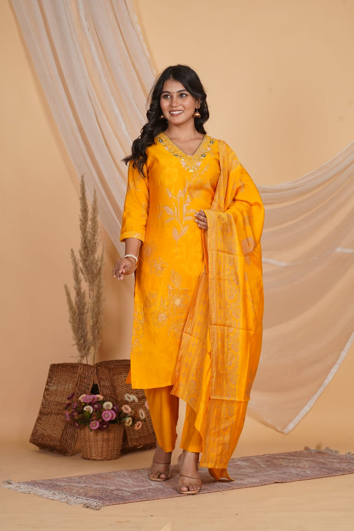 YELLOW PRINTED EMBROIDERED NECK 3 PC