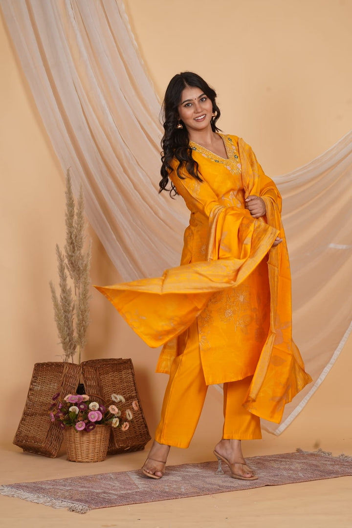 YELLOW PRINTED EMBROIDERED NECK 3 PC